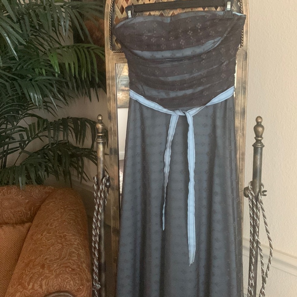 BCBG dress. Size 6. Brown with light blue satin belt.